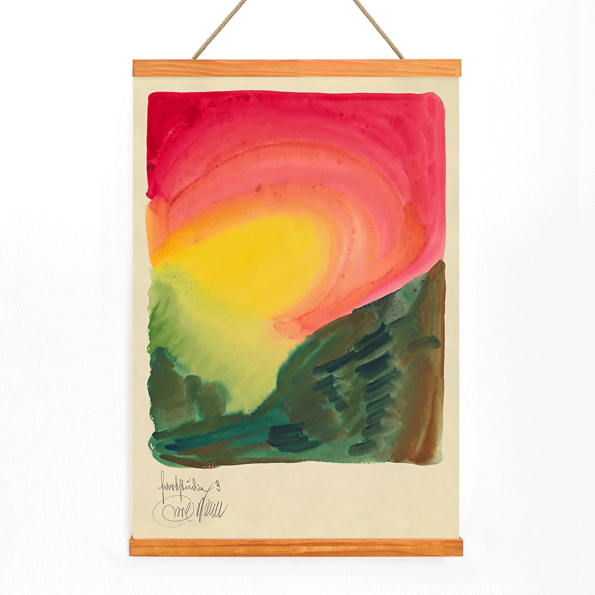 Abstract colorful landscape painting poster with vibrant red yellow and green tones abstract art Farbstudien 10 Blaetter III by Karl Wiener, with wooden magnetic frame on white background