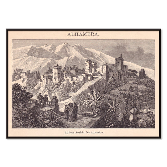 Vintage illustration poster of Alhambra palace with mountains and vegetation by The Institute of Liepzig, with black aluminium frame on white background