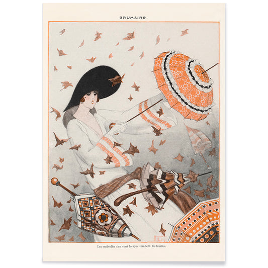 Brumaire by Armand Vallee poster featuring an elegant woman with a parasol surrounded by autumn leaves and wind, with black aluminium frame on white background