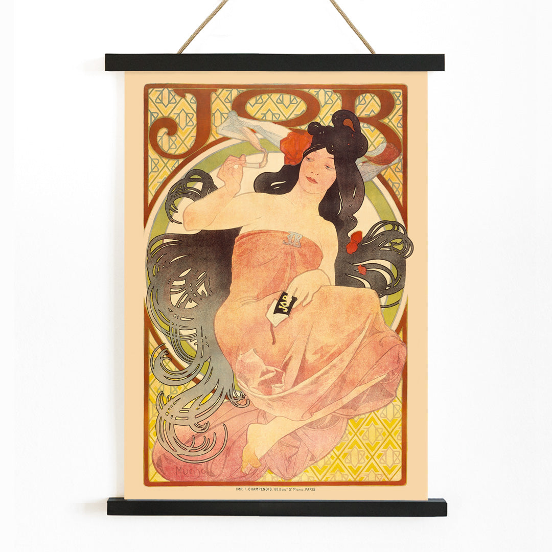 Art Nouveau poster by Alphonse Mucha featuring an elegant woman in a flowing dress with dark hair titled Job, with wooden magnetic frame on white background