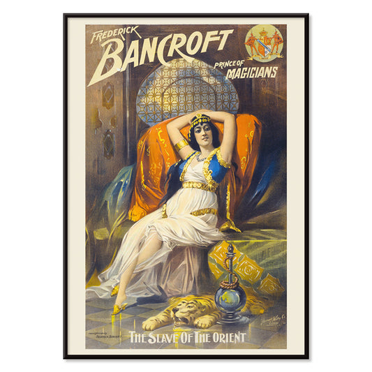 Woman in exotic attire reclining on luxurious couch with hookah and tiger rug Frederick Bancroft prince of magicians artwork poster by Springer and Welty Lith, with black aluminium frame on white background