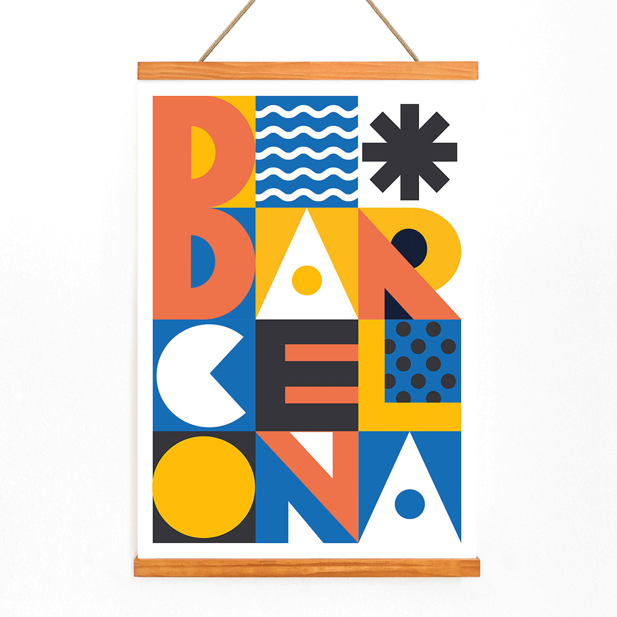 Minimalist Barcelona poster by Moryarty featuring bold geometric patterns vibrant colors and modern text design, with wooden magnetic frame on white background