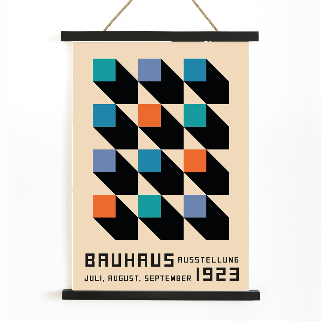 Bauhaus Poster inspired by the Weimar Exhibition with geometric patterns bold colors by Joost Schmidt in black blue orange and teal squares, with wooden magnetic frame on white background