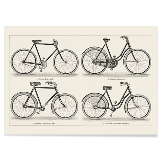 Vintage bicycles black and white lithograph from Meyers Konversations Lexikon showing various types poster, with black aluminium frame on white background