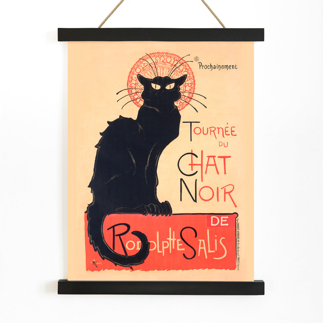 Black cat poster with bold red and yellow accents Tournee du Chat Noir artwork by Theophile Alexandre Steinlen, with wooden magnetic frame on white background
