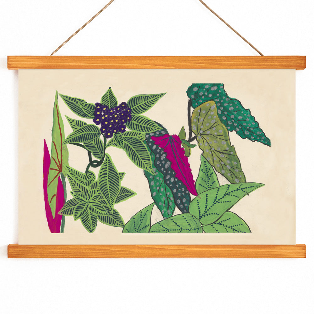 Botanical illustration poster with vibrant green leaves and purple fruits by Atelier Martine titled Leaves and Fruits perfect for botanical decor, with wooden magnetic frame on white background