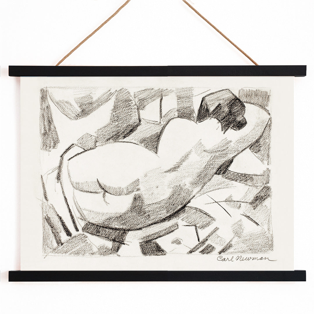 Charcoal sketch poster of reclining nude woman by Carl Newman featuring a black and white abstract figure, with wooden magnetic frame on white background