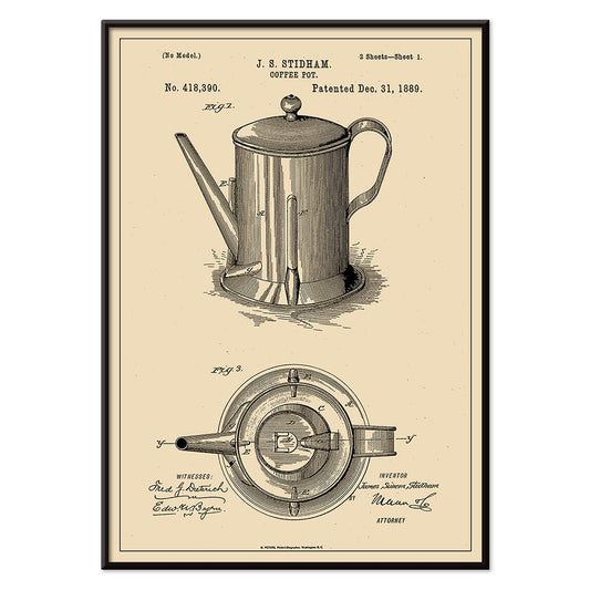 Patent illustration poster of a coffee pot by JS Stidham with detailed technical drawings, with black aluminium frame on white background