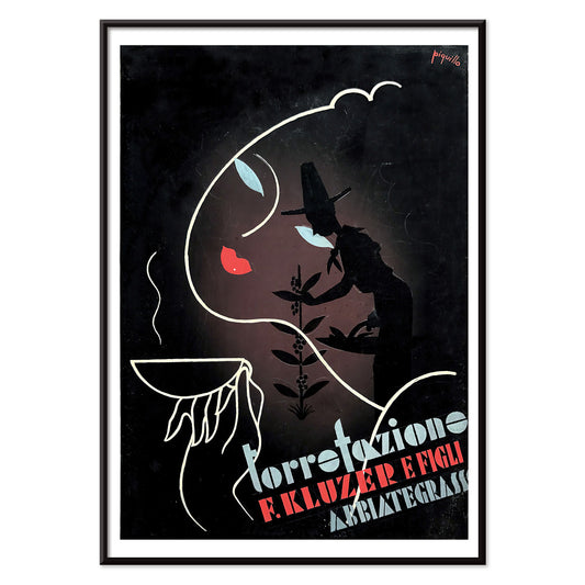 Abstract coffee-themed artwork and poster by Carlo Piquillo Pandolfi featuring stylized figures bold text coffee cup and face Torrefazione F Kluzer E Figli Abbiategrasso, with black aluminium frame on white background