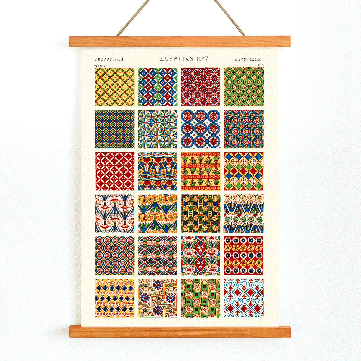 Colorful Egyptian geometric patterns artwork Egyptian 7 by Owen Jones from Century Grammar of Ornament book vibrant poster design, with wooden magnetic frame on white background