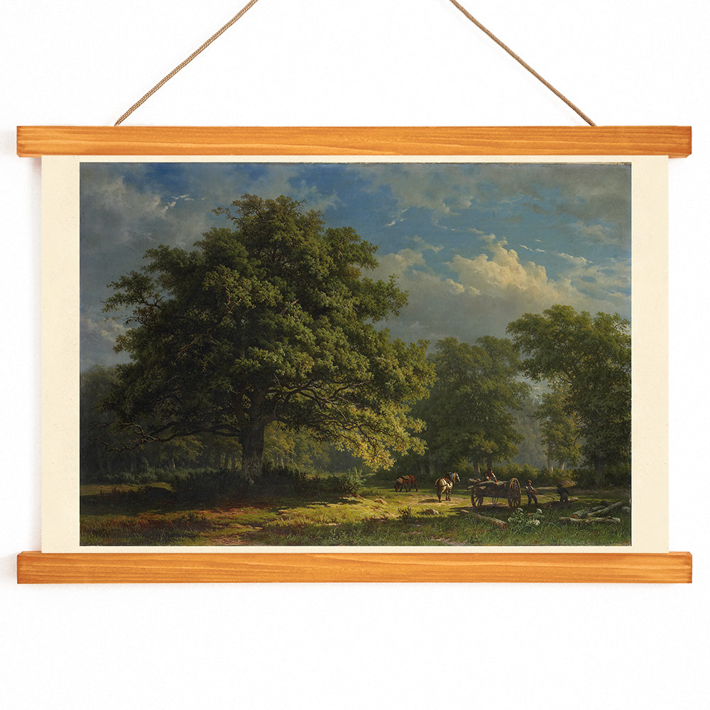 Pastoral landscape poster of The Bentheim Forest by George Andries Roth showing lush green forest large trees and people working with horses, with wooden magnetic frame on white background