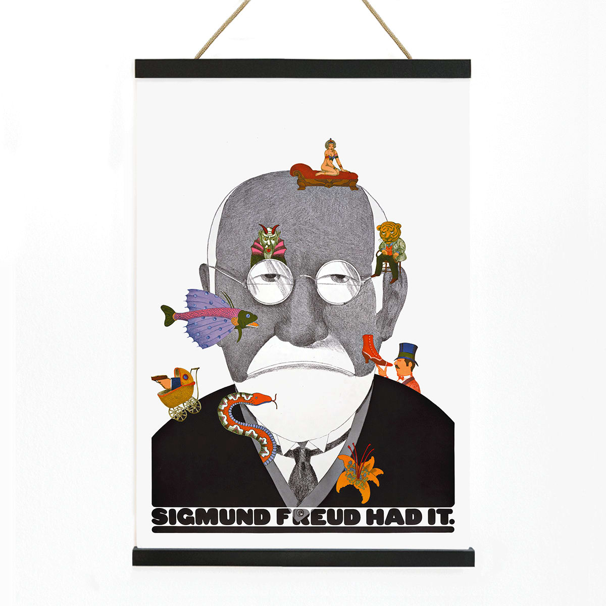 Surreal Sigmund Freud portrait and poster with colorful whimsical illustrations by Seymour Chwast, with wooden magnetic frame on white background