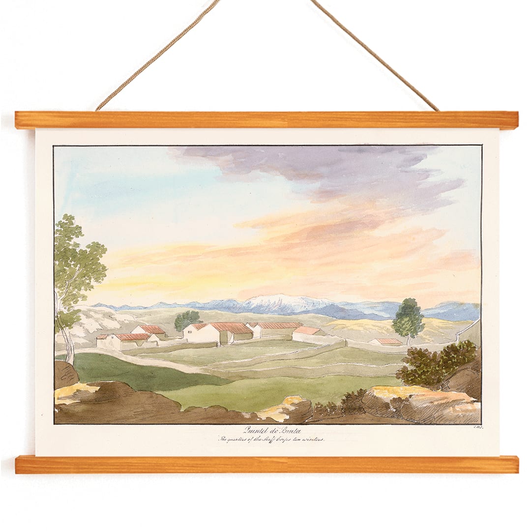 Serene landscape of rural buildings at sunset in Quintel do Brula by Charles Hamilton Smith with houses trees mountains and colorful sky poster, with wooden magnetic frame on white background