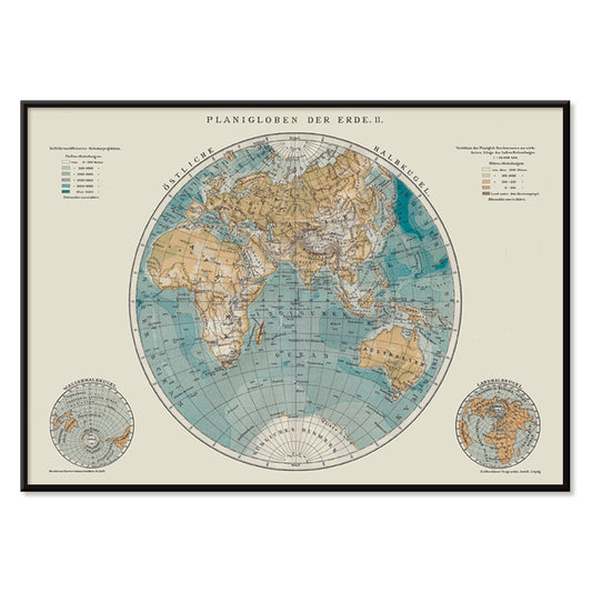 Detailed vintage world map illustration and poster titled Planiglobes of the Earth II by The Institute of Liepzig featuring colored geographical features, with black aluminium frame on white background
