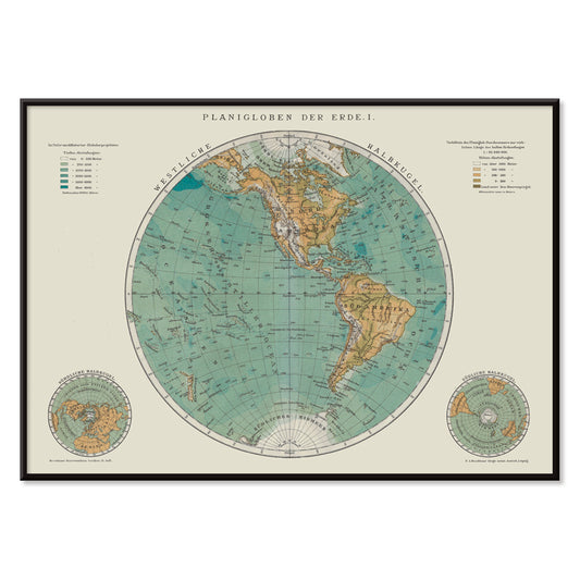 Vintage world map artwork and detailed continents poster Planiglobes of the Earth I by The Institute of Liepzig, with black aluminium frame on white background