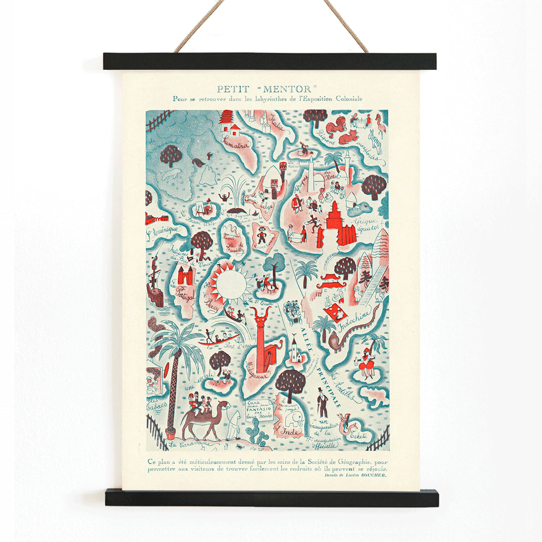 Colorful illustrated map poster Petit Mentor Carte de l exposition coloniale by Lucien Boucher featuring various regions and activities, with wooden magnetic frame on white background