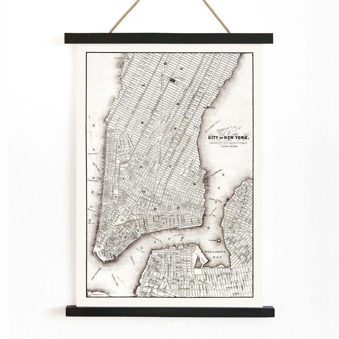 Vintage map of New York City showing detailed streets and layout from Library of Congress Geography and Map Division titled Map of the City of New York, with wooden magnetic frame on white background