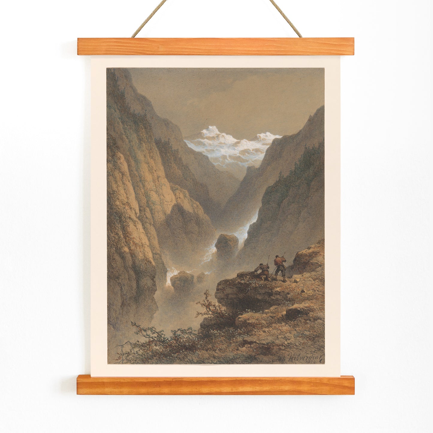 Two men hiking in dramatic mountain landscape poster by Johannes Hilverdink showing two guys in rocky mountains artwork, with wooden magnetic frame on white background