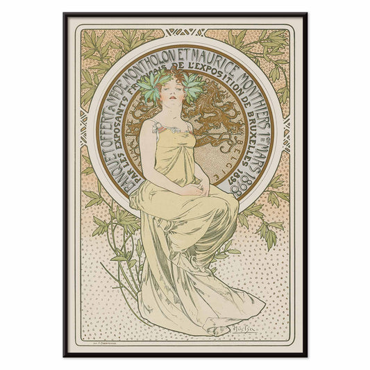Alphonse Mucha Exposition de Bruxelles Art Nouveau poster with graceful woman and floral ornaments in soft green and beige tones, with black aluminium frame on white background