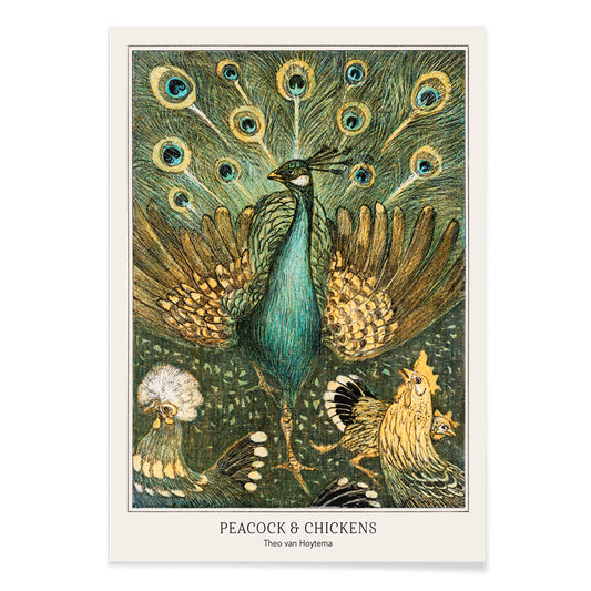 Colorful peacock and chickens artwork vibrant poster by Theo van Hoytema featuring peacock with spread feathers and chickens from Peacock and Chickens, with black aluminium frame on white background