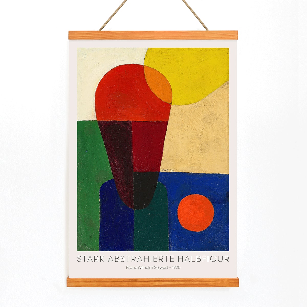 Colorful abstract geometric art poster titled Stark abstrahierte Halbfigur by Franz Wilhelm Seiwert, with wooden magnetic frame on white background