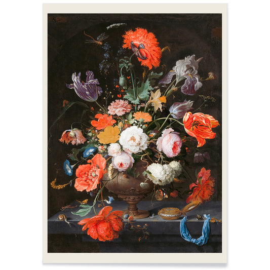 Colorful bouquet of flowers in a vase with a watch vibrant floral arrangement by Abraham Mignon Still Life with Flowers and a Watch poster, with black aluminium frame on white background