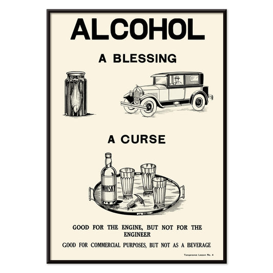 Poster promoting alcohol prohibition by Dominion Scientific Temperance Committee showing contrasting uses and titled Alcohol A Blessing A Curse with car and bottles, with black aluminium frame on white background