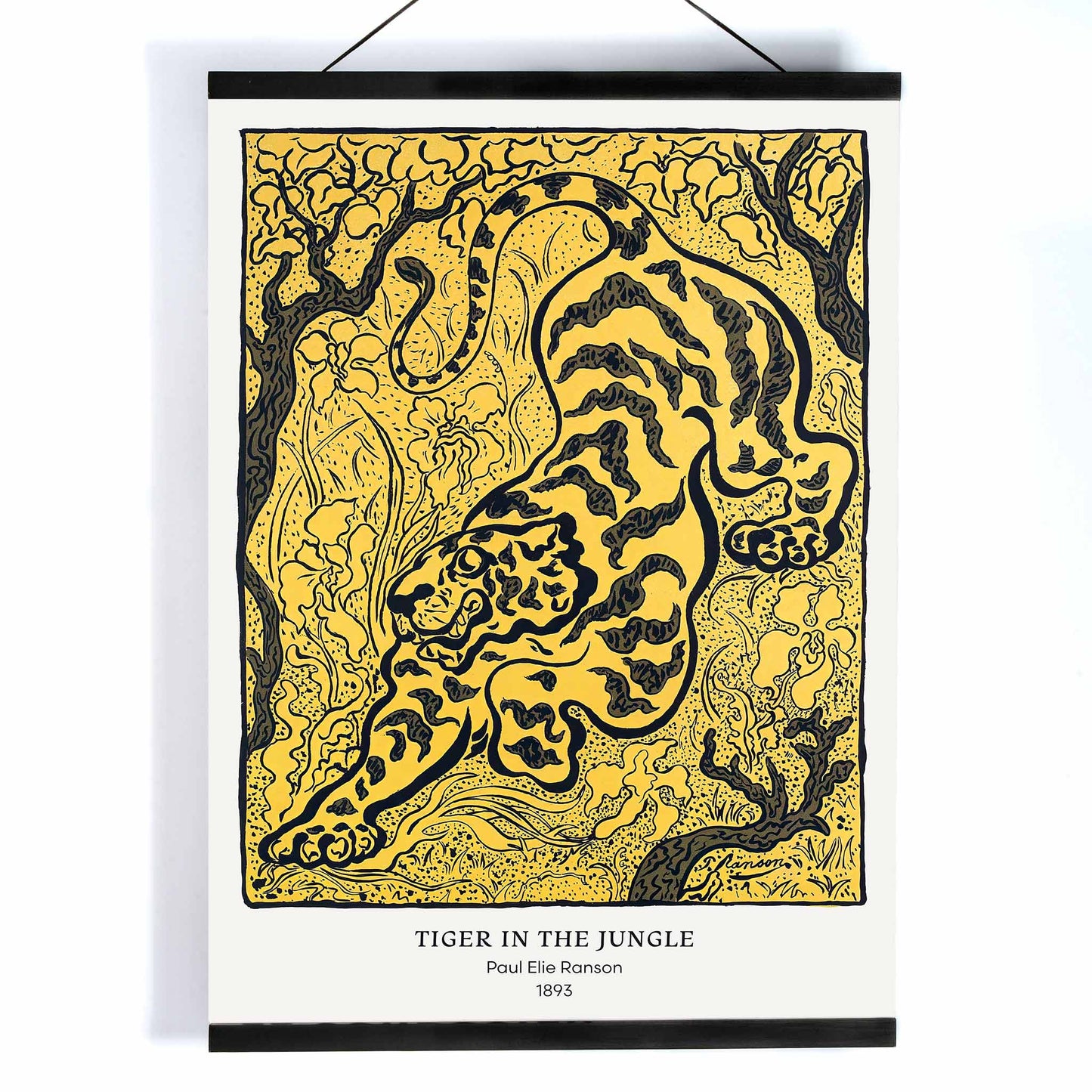 Tiger in the Jungle by Paul Ranson stylized illustration and poster of a tiger prowling through dense jungle foliage, with wooden magnetic frame on white background