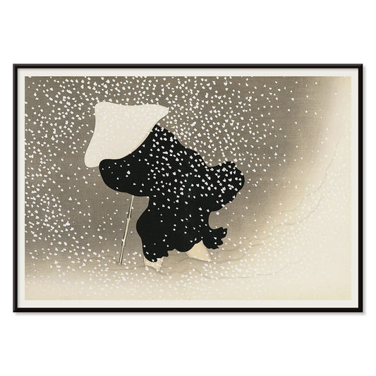 Poster of Tomoe no yuki by Kamisaka Sekka showing a snowy scene with a silhouette of a figure in dark attire under heavy snowfall wearing a white hat and holding a walking stick, with black aluminium frame on white background