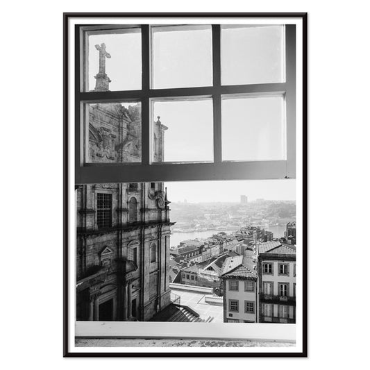 Black and white cityscape poster of Porto seen through a window from the artwork Porto from window, with black aluminium frame on white background