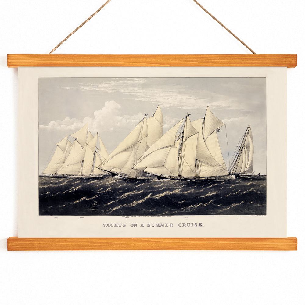 Sailboats and yachts racing on the ocean under clear skies in Yachts on a Summer Cruise by Currier and Ives, with wooden magnetic frame on white background