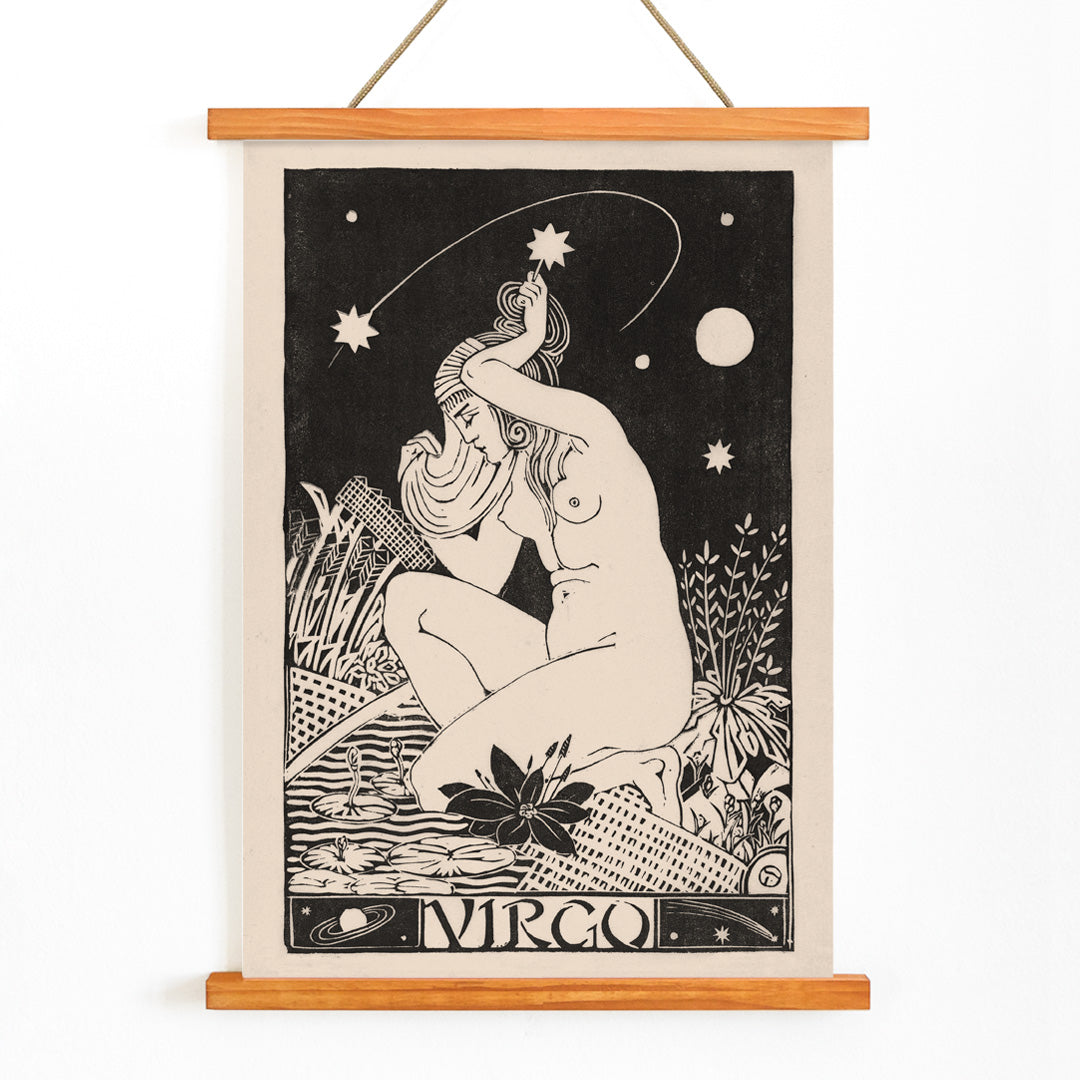 Art Nouveau poster of a nude Virgo woman with stars lilies and plants from Zodiac signs by Henri van der Stok, with wooden magnetic frame on white background