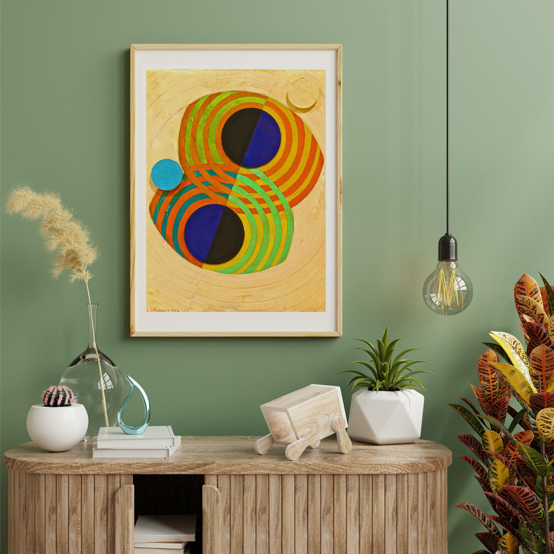Abstract geometric composition with bold concentric circles from Relief Rhythms by Robert Delaunay poster, framed and displayed in home decor