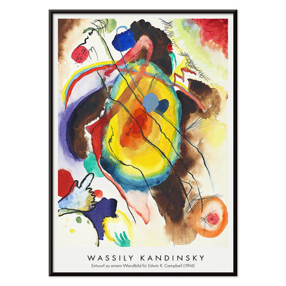 Abstract mural design by Wassily Kandinsky for Edwin R Campbell featuring vibrant colors and dynamic shapes, with black aluminium frame on white background