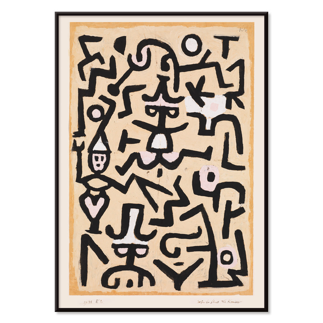Abstract line drawing and poster with black lines forming playful whimsical figures and shapes in Comedians Handbill artwork by Paul Klee, with black aluminium frame on white background