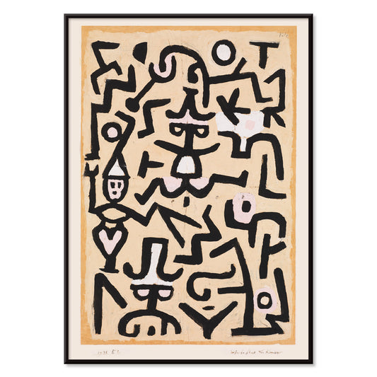 Abstract line drawing and poster with black lines forming playful whimsical figures and shapes in Comedians Handbill artwork by Paul Klee, with black aluminium frame on white background