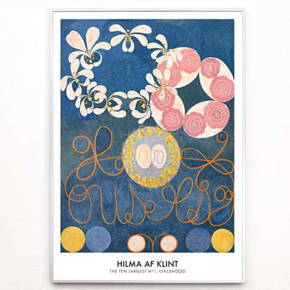 Closeup detail of Abstract floral patterns and swirling shapes with vibrant colors on a blue background poster by Hilma af Klint Childhood Group IV