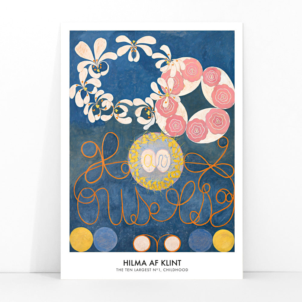 Abstract floral patterns and swirling shapes with vibrant colors on a blue background poster by Hilma af Klint Childhood Group IV, framed and displayed in modern living room decor
