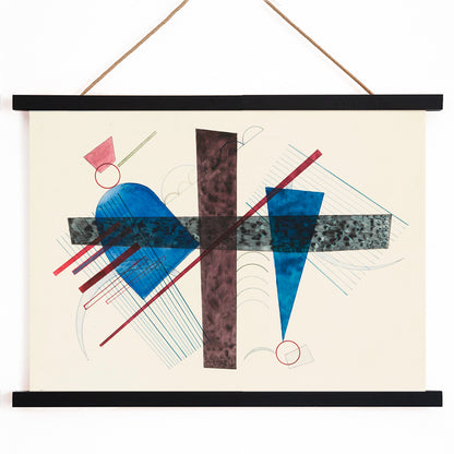 Abstract geometric poster with blue and red shapes artwork Blau in Rund und Spitz by Wassily Kandinsky, with wooden magnetic frame on white background