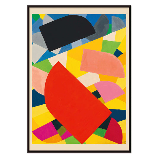 Abstract geometric poster Komposition by Otto Freundlich featuring bold colorful shapes on vibrant yellow background, with black aluminium frame on white background