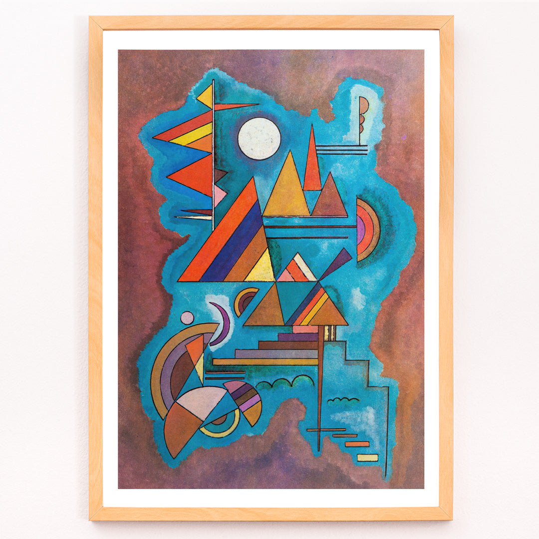 Closeup detail of Abstract geometric shapes in vivid colors on blue watercolor background artwork Standing by Wassily Kandinsky