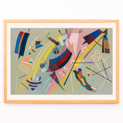 Closeup detail of Abstract geometric shapes and vibrant colors inspired by Sans Titre by Wassily Kandinsky modern wall art decor poster