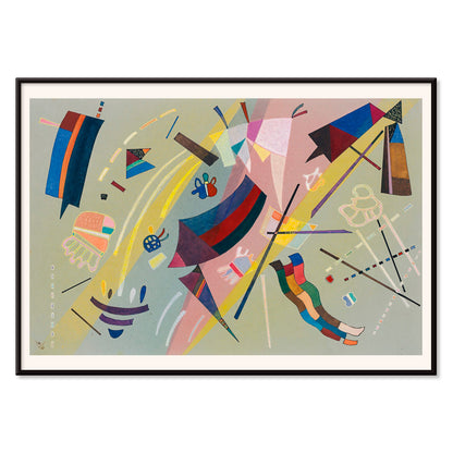 Abstract geometric shapes and vibrant colors inspired by Sans Titre by Wassily Kandinsky modern wall art decor poster, with black aluminium frame on white background