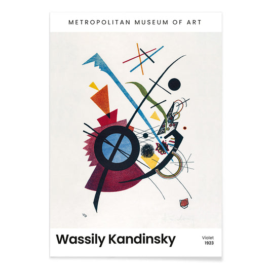 Abstract geometric art print with vibrant colors and shapes Violet by Wassily Kandinsky, with black aluminium frame on white background