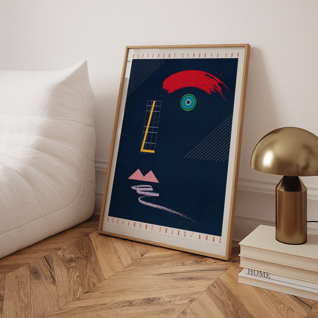 Abstract geometric face artwork poster with bold colors and modern shapes Different Strokes for Different Folks by McRay Magleby, framed and displayed in home decor