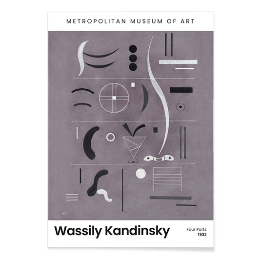 Abstract geometric art by Wassily Kandinsky from Four Parts featuring geometric shapes and lines displayed at the museum, with black aluminium frame on white background