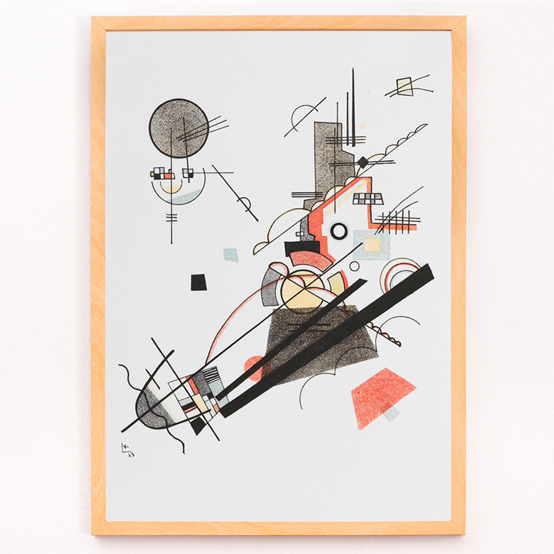 Closeup detail of Abstract geometric art poster with intersecting lines and shapes in black red and yellow Fröhlicher Aufstieg by Wassily Kandinsky