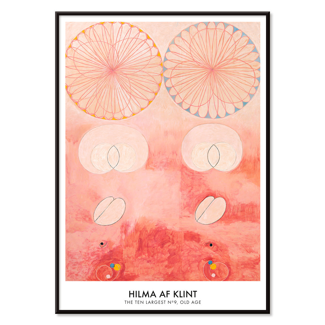 Abstract geometric and circular patterns in pink and orange from The Ten Largest Old Age by Hilma af Klint art poster, with black aluminium frame on white background