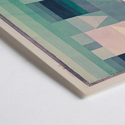 Closeup detail of Abstract geometric houses in pastel green colors artwork by Paul Klee titled Three Houses poster featuring geometric house shapes