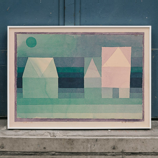 Abstract geometric houses in pastel green colors artwork by Paul Klee titled Three Houses poster featuring geometric house shapes, framed and displayed in home decor